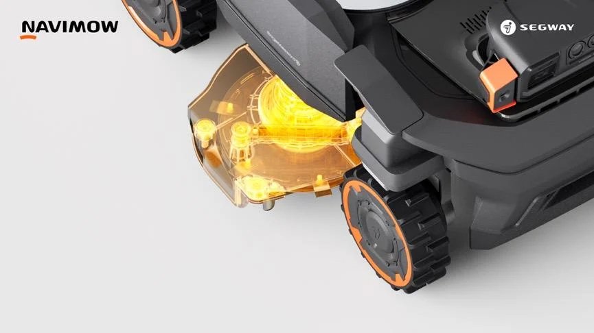 Segway Navimow H5 Pro: Detailansicht des Mähwerks im EdgeMaestro-Kantenarm